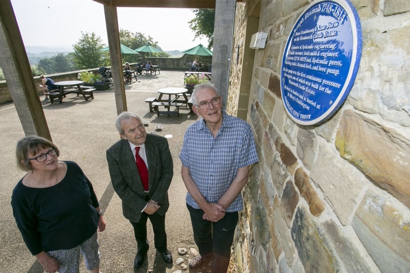 John Love (central) with the Blue Plaque to Joseph Bramah at Wentworth Castle.